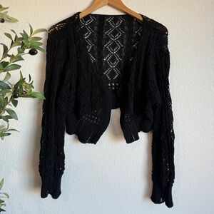 Black Crochet Knit Cropped Cardigan Open Front Boho Cottagecore Women’s Size 2XL